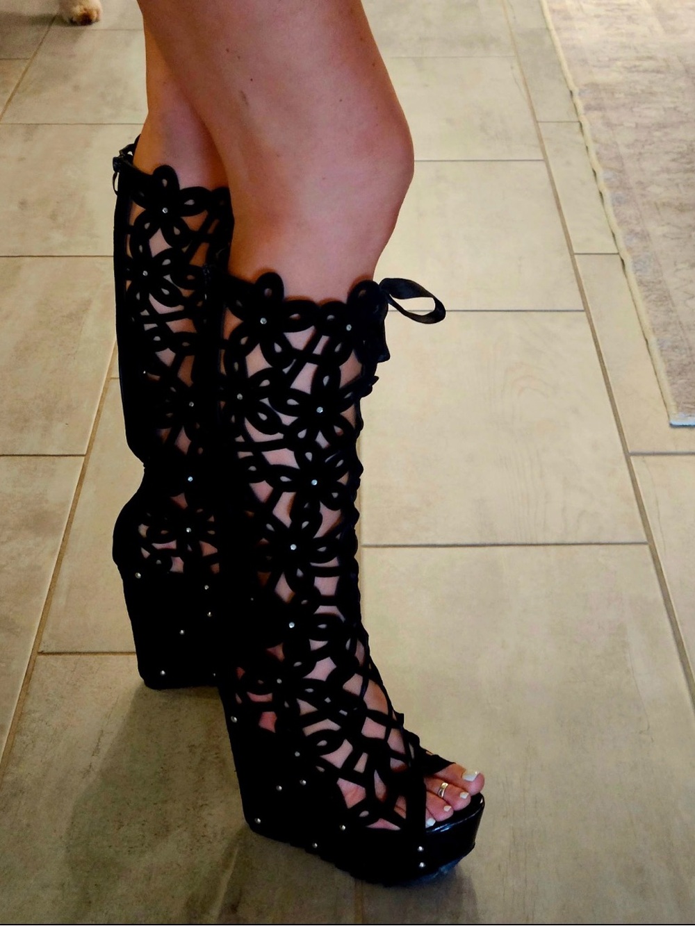 Elegant Black laser cutout Knee-High Boots with open toe & rhinestones & studs
